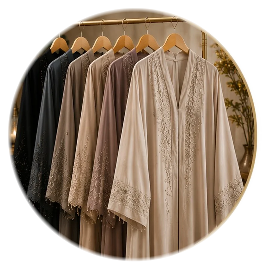 Elegant custom abayas modest wear collection hanging on wooden hangers - beige, mauve, grey and black embroidered abayas crafted in Pakistan