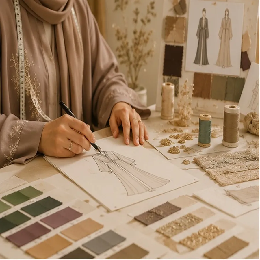 Custom abaya fashion designer sketching abaya design on table with fabric swatches, threads and embroidery samples - Pakistan private label process