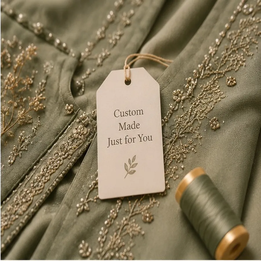 Close up of sage green custom made embroidered abaya with beadwork and tag that says Custom Made Just for You - handmade in Pakistan