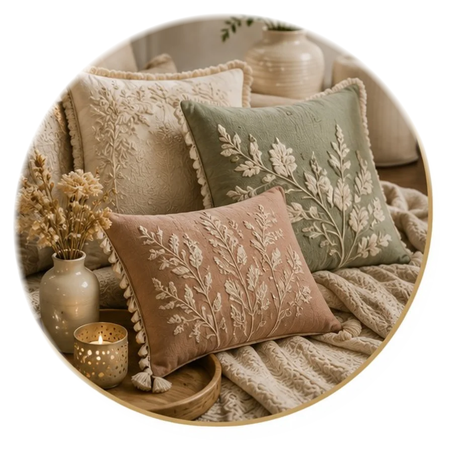 Embroidered home decor cushion covers with white floral leaf design on sage green and blush pink pillows with tassels - crafted in Pakistan lifestyle collection