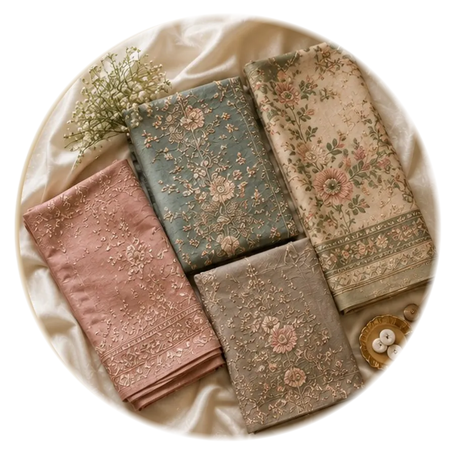Elegant floral embroidered unstitched suits fabric collection in blush pink, sage green and beige tones laid on silk with baby breath flowers - made in Pakistan
