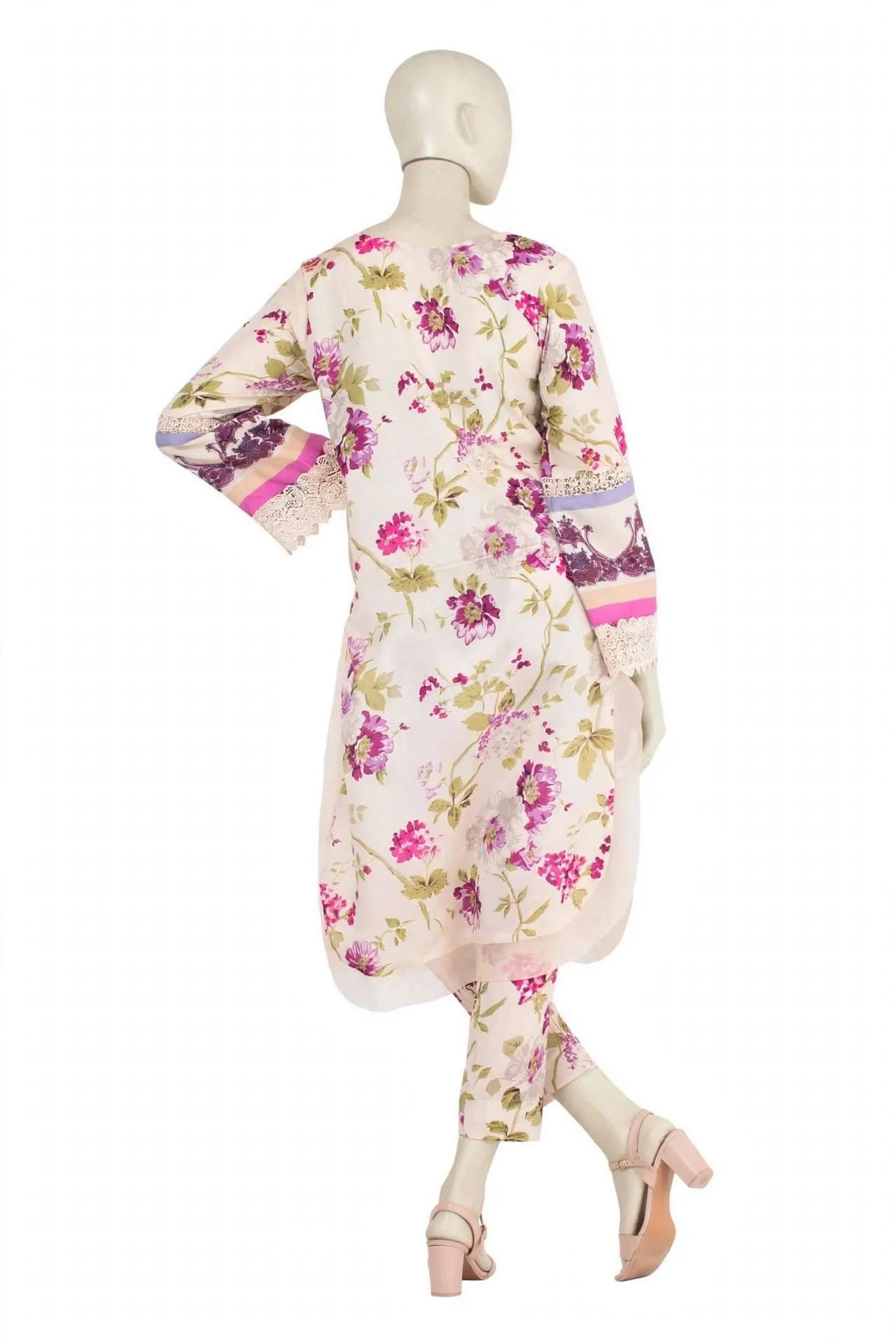 Back view of women's cream floral printed lawn kurta and trouser set with lace border sleeves and matching floral pants