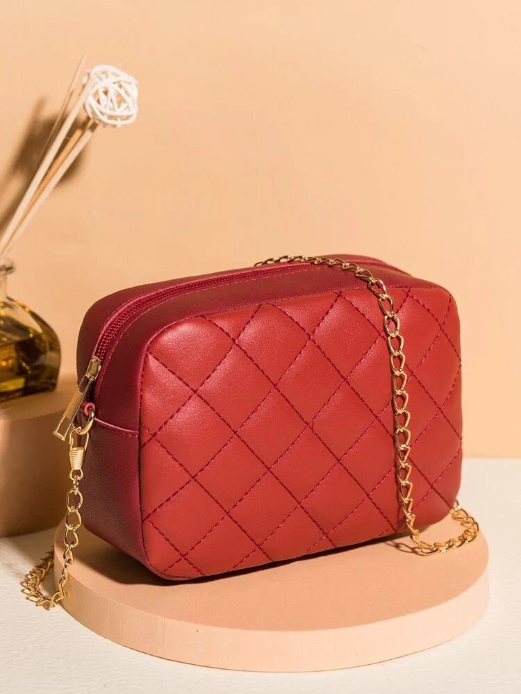 Affordable quilted crossbody handbag for women with gold-tone chain strap in multiple colour options.