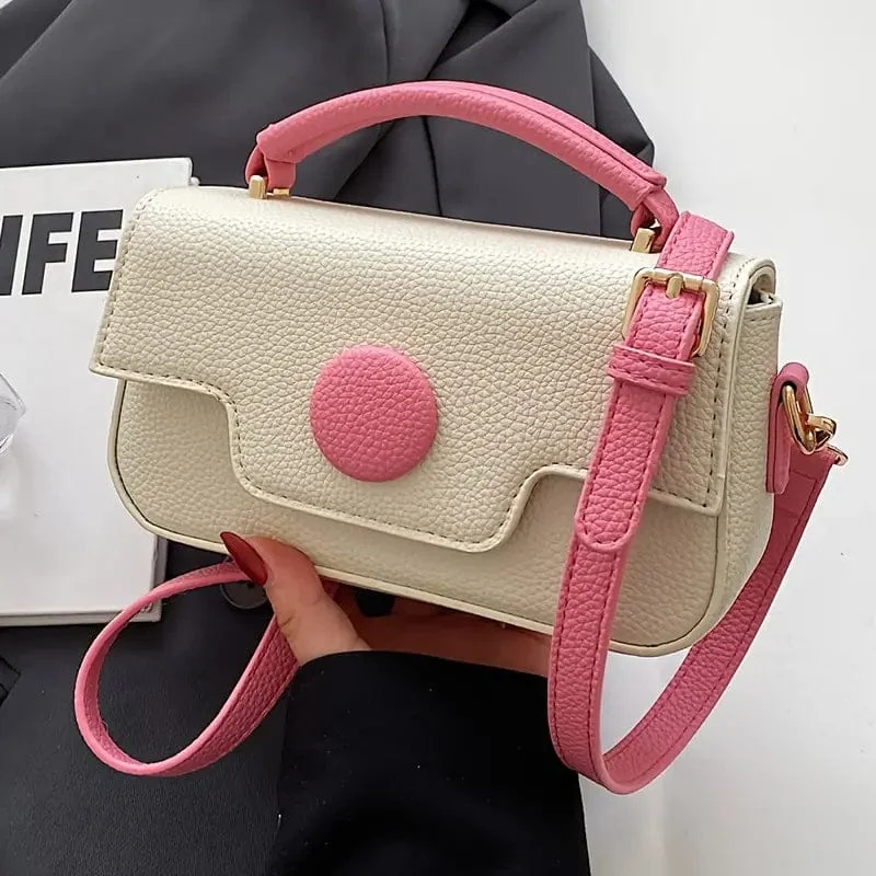 Mini top handle crossbody bag in with round button clasp and sling strap - stylish PU leather shoulder bag for women