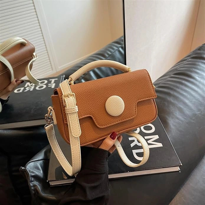 Mini top handle crossbody bag in with round button clasp and sling strap - stylish PU leather shoulder bag for women
